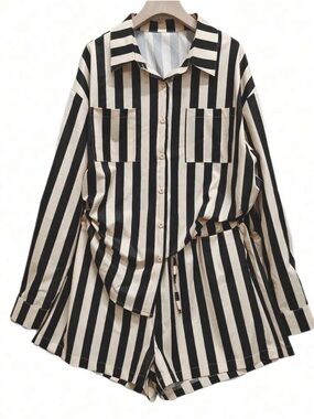Black & Cream Striped Button-Up Shirt and shorts set